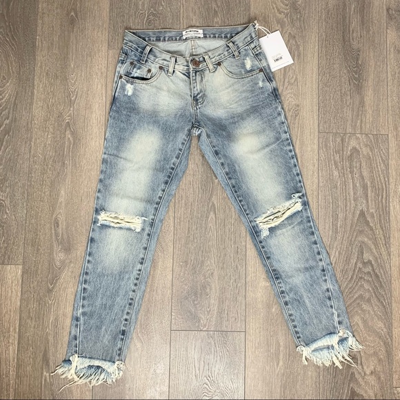 One Teaspoon Blue Blossom Freebirds Skinny Jeans Distressed Frayed Hem Cotton - Picture 5 of 15